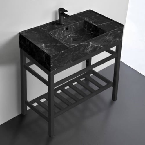 Modern Console Sink Vanity, Black Marble Style Sink, 32 Inch Scarabeo 5123-G-CON2-BLK